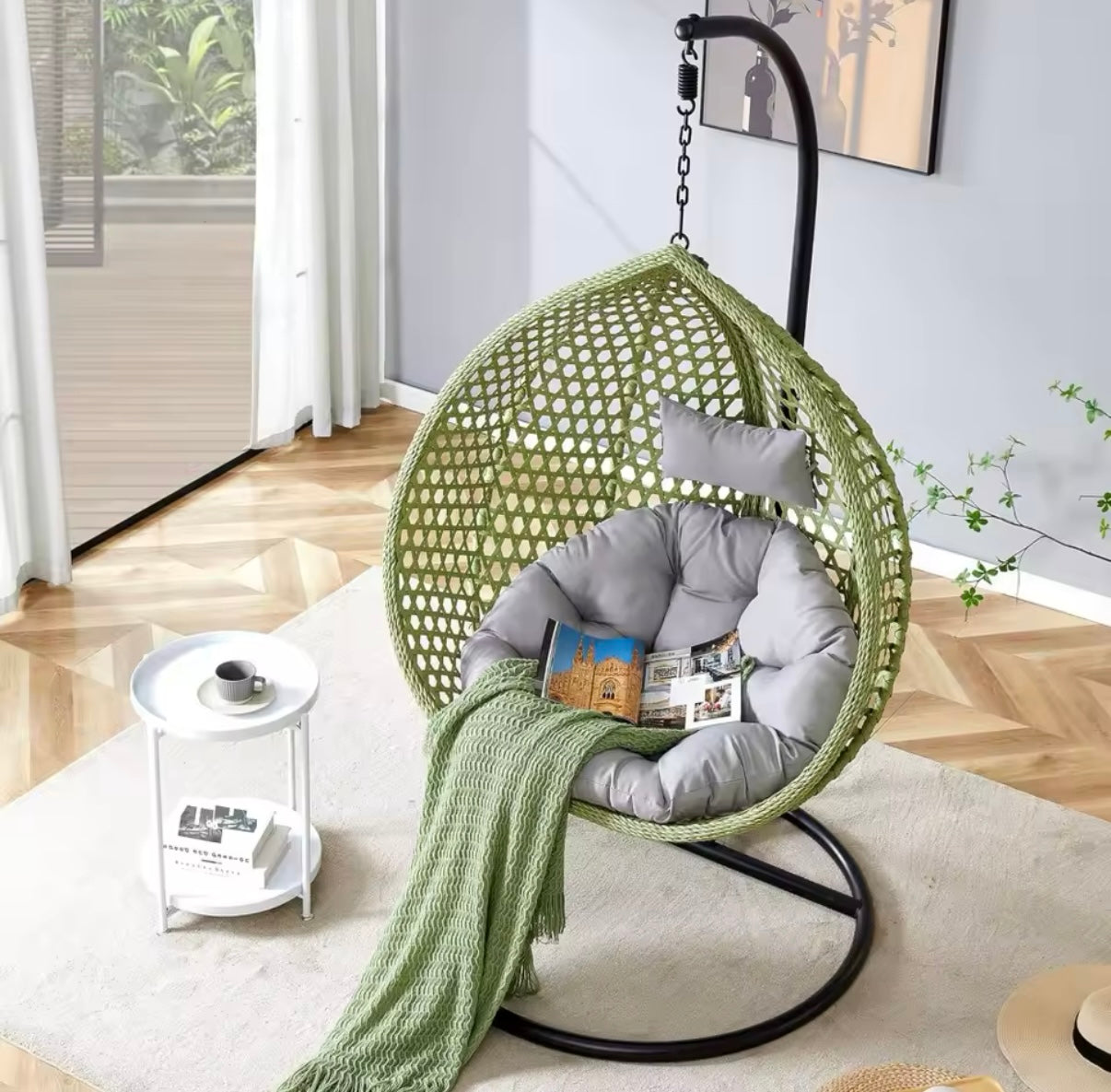 Hanging egg chair with stand & cushions