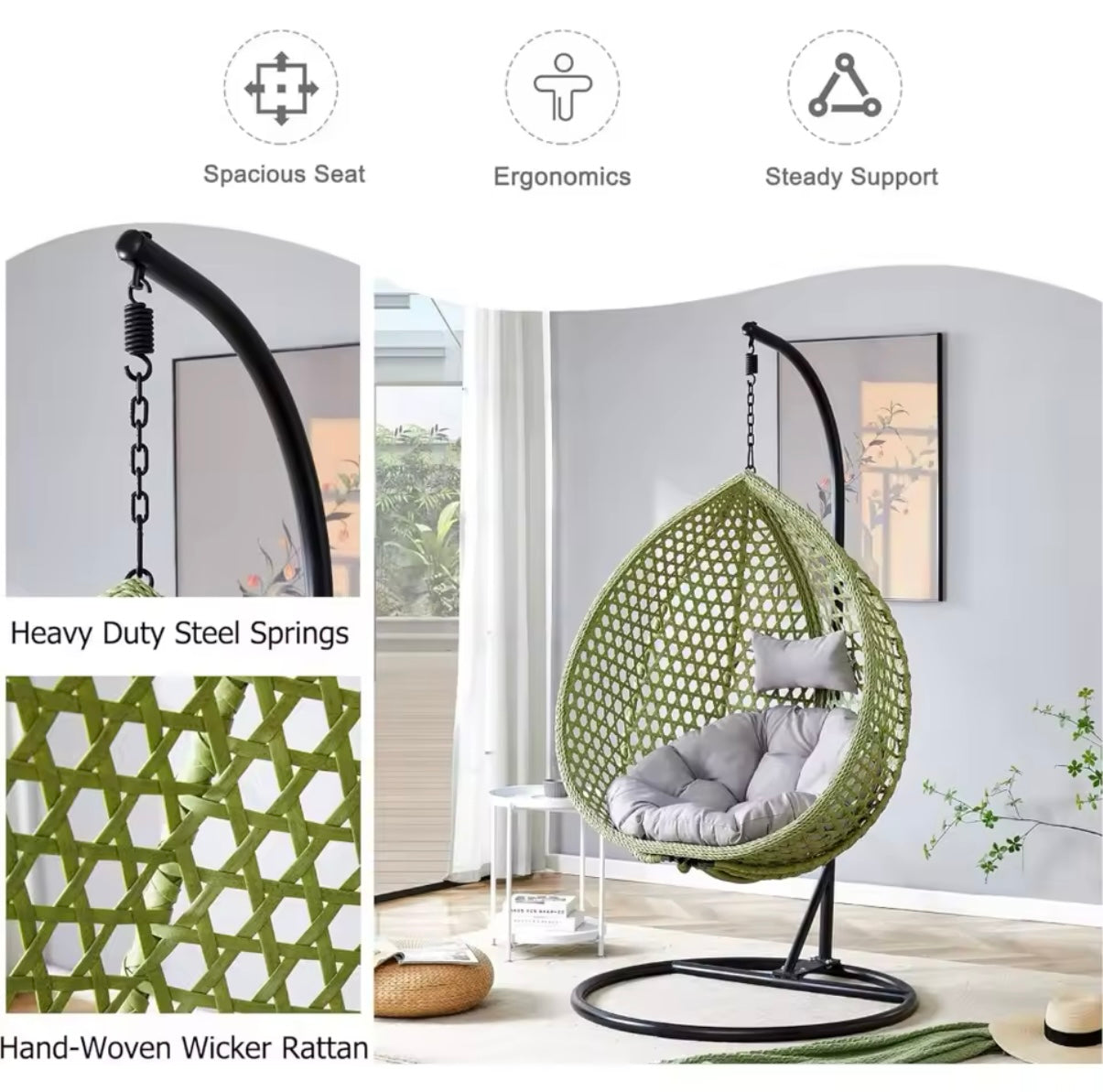 Hanging Egg Chair with Stand & Cushions, Outdoor and Indoor Hammock Rattan Swing Chair 350 lbs Capacity